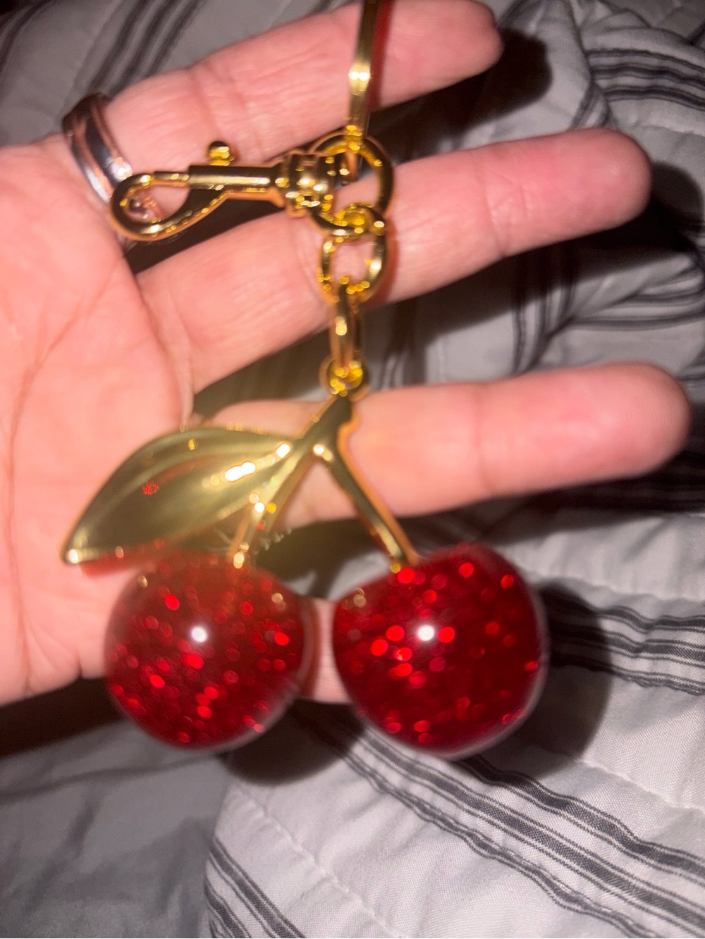 Gold Cherry Keychain Charm with Red Glitter Pendants